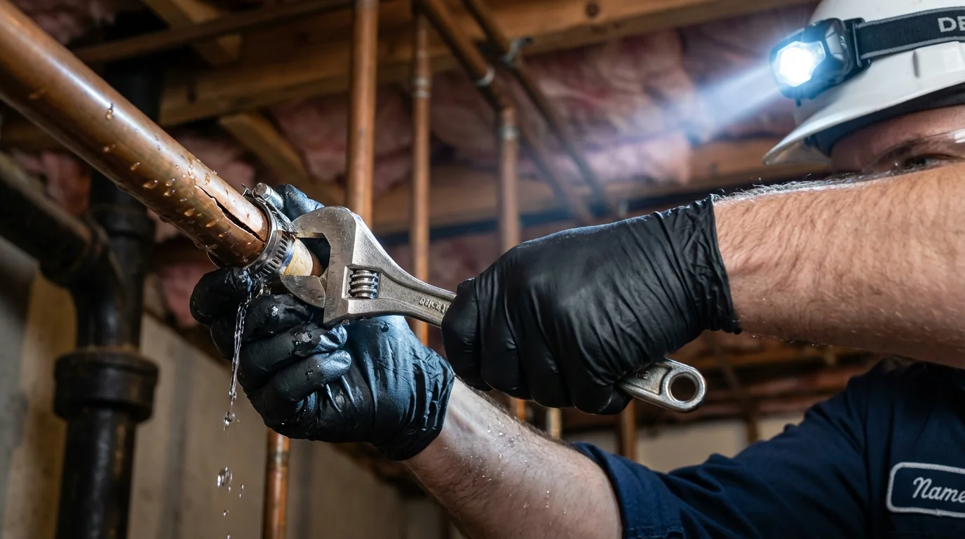 Emergency pipe clamp repair being performed by a Johns Plumbing LLC plumber in Congress