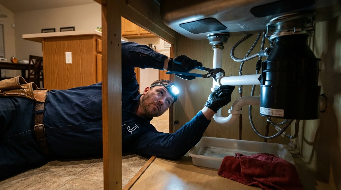 P-trap and supply line connections under a kitchen sink showing a common leak point in Congress, AZ